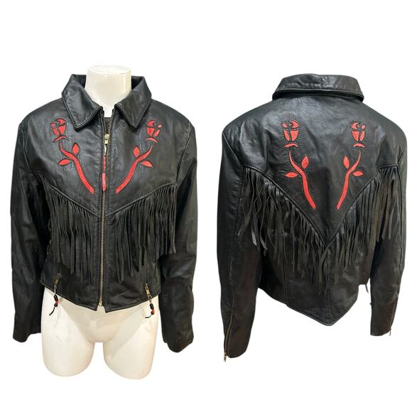 Vintage Black Leather Fringe Jacket with Red Rose inlay Embroidery / Medium - - Picture 1 of 5